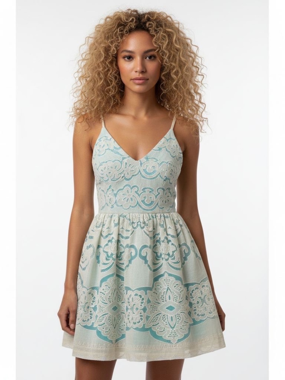 Teeze Me Light Blue and Cream Lace-Detail Mini Dress